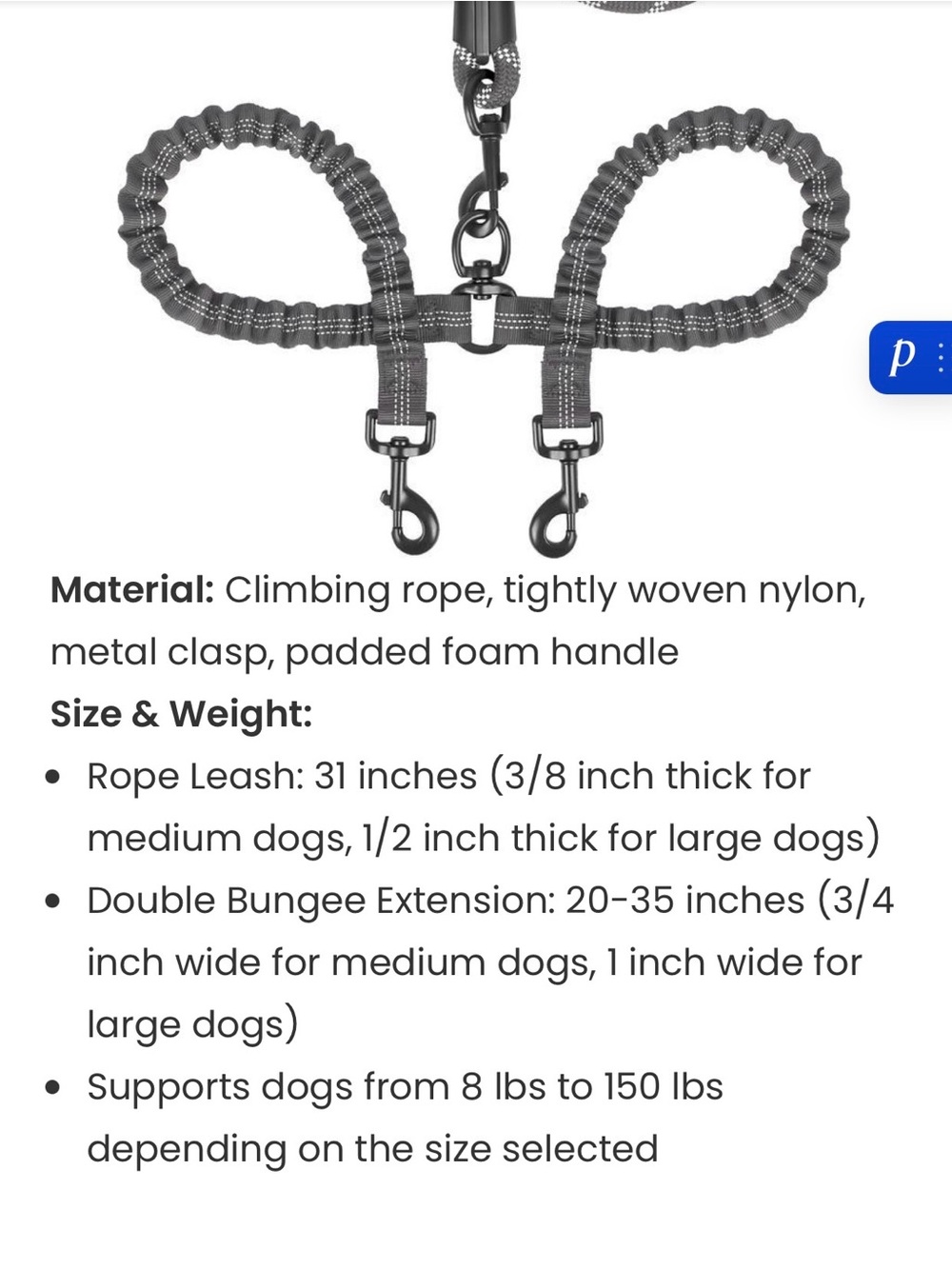 Purple Reflective Bungee Dog Leash with Padded Handle - Picture 4 of 5